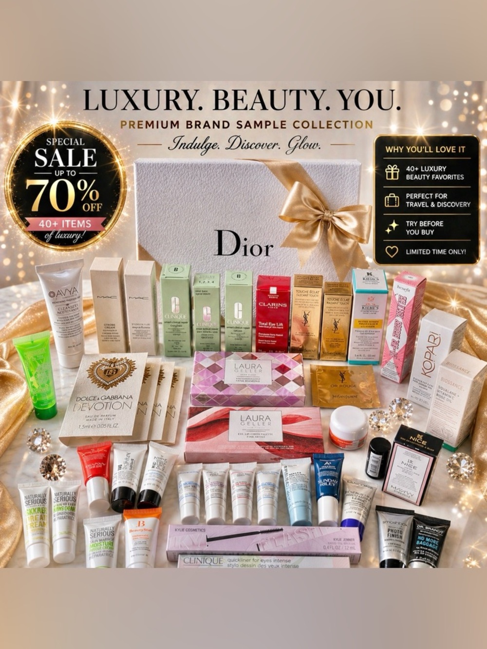 Large Bundle of Name-brand Makeup and Skincare Samples in Collector Dior Box